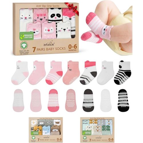 GOTS Organic Cotton Blend 7 Baby Socks 0-6 Months Animal Design Non Slip