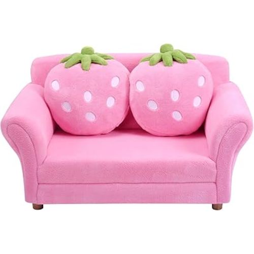 Fireflowery Kids Sofa, Children Upholstered Loveseat Lounge Bed w/ 2 Cute Strawberry Pillows, Children Couch Armrest, Double Seat Kid Sofa for Playroom Bedroom Living Room Baby Room, Pink
