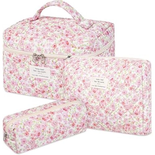 senbowe Floral Makeup Bag, 3 Pack Large Cotton Quilted Makeup Bag Set, Cute Floral Coquette Aesthetic Toiletry Bag Make Up Cosmetic Bag for Women, Toiletry Travel Make Up Organizer Bag