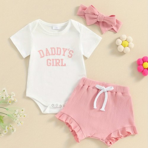 Baby Girls Shorts Set, Short Sleeve Letters Print Romper Elastic Waist Shorts with Hairband Summer Outfit, for Outdoor
