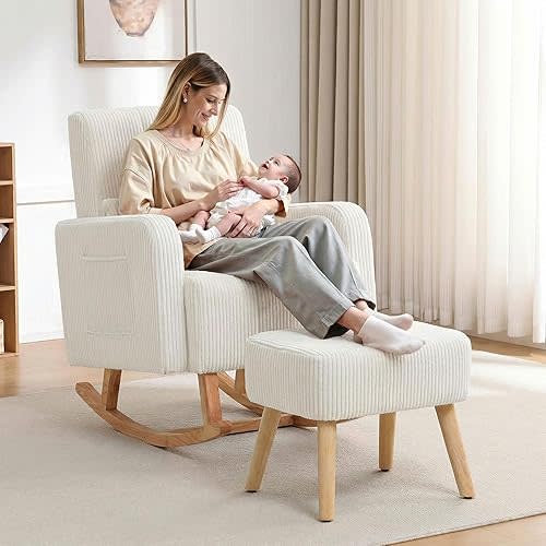 HCHAIRH Rocking Chair with Ottoman, Corduroy Upholstered Glider Rocker with High Backrest and Side Pocket, Comfy Reading Chair with Solid Wood Legs for Nursery, Living Room,Bedroom Beige