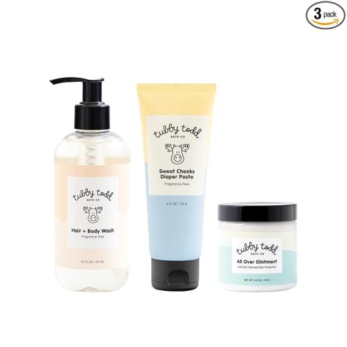 TUBBY TODD Baby Bundle Newborn Skin Care Set - Hypoallergenic Hair + Body Wash, All Over Ointment with Colloidal Oatmeal, Sweet Cheeks Diaper Paste - Fragrance Free, Standard Size
