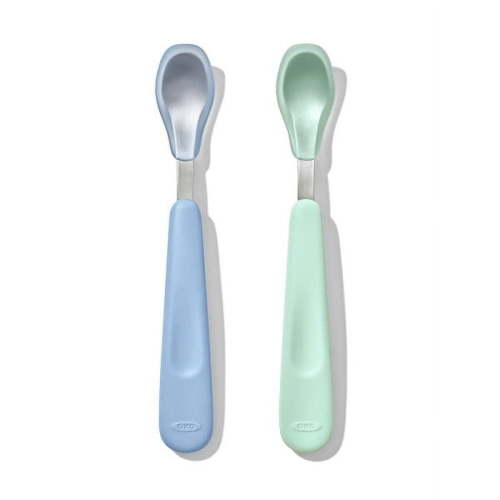 OXO Tot Baby Feeding Spoon 2 Piece Set with Soft Silicone for 6+ Months, Opal and Dusk
