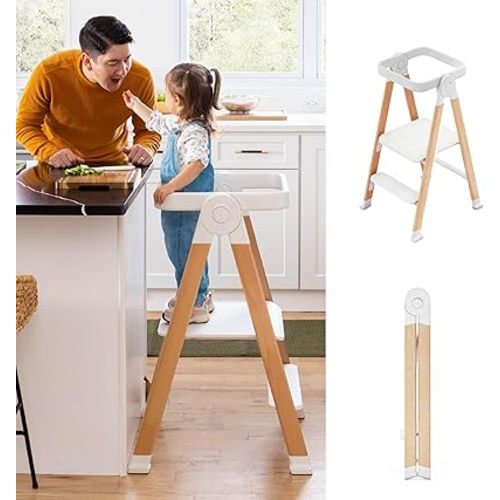 Guidecraft Kitchen Helper Flex Toddler Tower Step Stool for Kids and Adults - White: Adjustable and Foldable Wood Step Stool