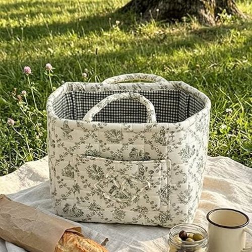 Quilted Floral Storage Basket, Car Storage Basket Quilted, Fabric Storage Basketwith Reinforced Handles & Side Pockets, Foldable Floral Organizer Bin for Car, Home, Picnic, Laundry (C)