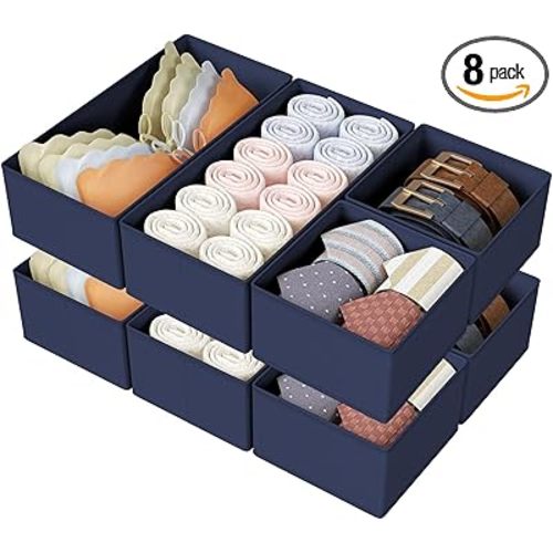 DIMJ Drawer Organizers Clothes, Set of 8 Dresser Organizer Bins, Fabric Closet Organizers and Storage, Shallow Drawer Dividers for Nursery, Clothing, Baby Clothes, Socks, Underwears, Tie (Navy Blue)