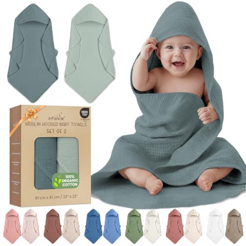 100% Organic Cotton 2 PK Muslin Baby Hooded Towels Newborn 32x32in | Oeko-TEX Certified, Bath & Hooded Towels, Towels Bath, Toddler Hooded Bath Towel, Green/Mint Green Unisex Design, Lightwe