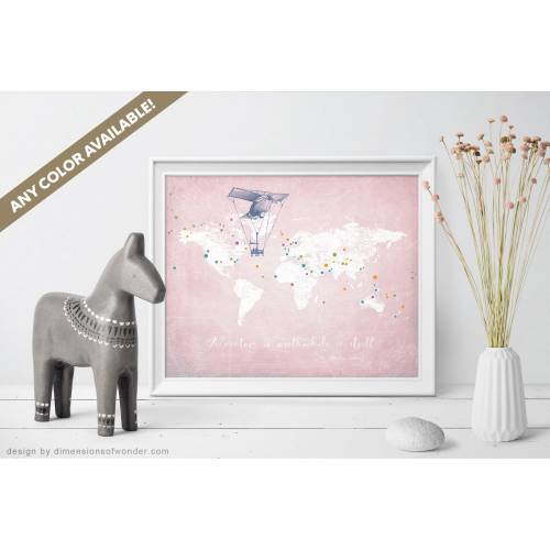 Pink nursery wall art, world map art, world map print, nursery map art, pink nursery decor, adventure, Amelia Earhart, map of the world art