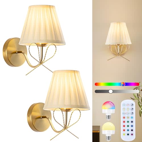 Cordless Battery Operated Wall Sconces Set of Two, Vintage Gold Sconces Wall Decor, Rechargeable Dimmable LED Lights with 15 Colors, Bow Wireless Wall Lamp for Bedroom Living Room Hallway