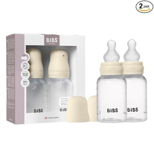 BIBS Baby Bottle 5 oz / 150 ml Silicone Nipple 2 Pack - Anti-Colic, BPA-Free, Round Nipple, Slow Flow, Lightweight & Easy to Clean, Suitable for Newborns 0+ Years - Ivory