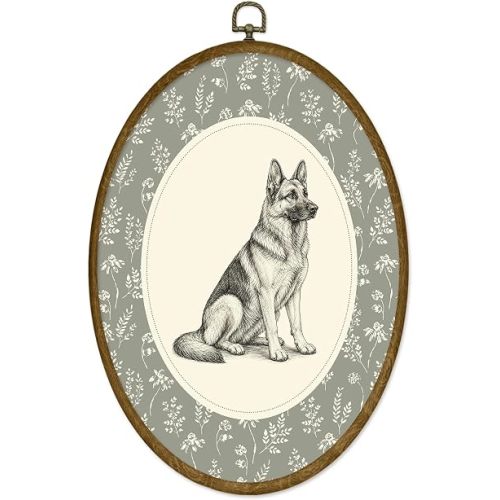 ODFGBDS German Shepherd Dog Floral Canvas Oval Wall Art Decor, 8.6x11.4in