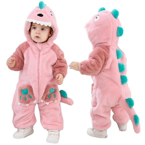 LOLANTA Unisex Baby Dinosaur Costume Fleece Hooded Animal Rompers One Piece Snowsuit