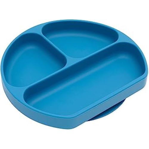 Bumkins Toddler and Baby Suction Plate, Divided Grip Dish for Babies and Kids, Baby Led Weaning, Feeding Supplies, Sticks to Tables and Highchairs, Platinum Silicone, for Children 6 Months, Dark Blue