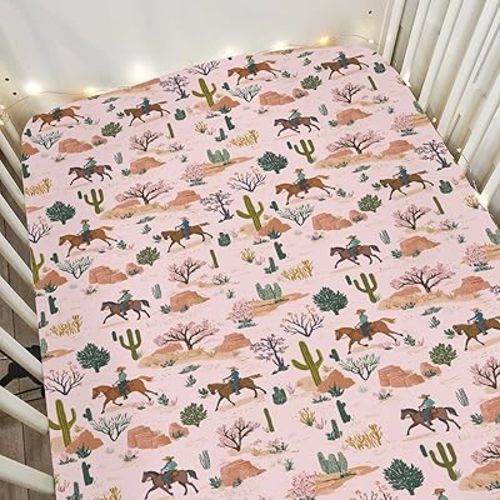 Retro Western Cowboy Pink Baby Crib Sheets for Boy Girl 52"x28" Vintage Cowboy Cactus Soft Stretchy Fitted Crib Mattress Cover Wild Desert Baby Sheet for Standard Crib and Toddler Bed Mattress