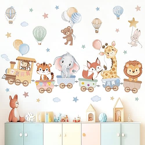 wondever Jungle Animals Train Wall Stickers Hot Air Balloon Animals Elephant Giraffe Peel and Stick Wall Art Decals for Baby Nursery Kids Room Toddler Room