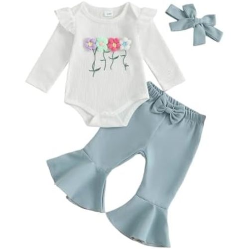 MERSARIPHY Western Baby Girl Clothes Newborn Rib Knit Ruffle Romper Bodysuit Bell-Bottom Pant Set Infant Fall Winter Outfits