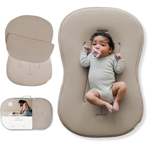 snuggle me® Baby Lounger Curve (0-6 Months) - Premium Organic Cotton with Foam Core, Machine-Washable Cover, Buttery-Soft & Breathable Infant Lounger with Travel Bag (30 in x 20 in x 1.9 in) - Birch