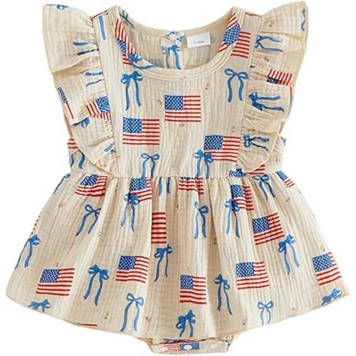 Ayalinggo Baby Girl 4th of July Outfits Newborn USA Bubble Smocked Romper Tutu Dress Ruffle American Flag Memorial Day Outfit