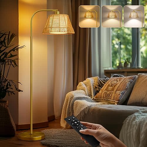 Oneach Arc Floor Lamp for Living Room,Farmhouse Floor Lamps with Remote & Dimmable Bulb,3 Color Temperatures,Rattan Boho Floor Lamp with Hand-Woven Wicker & Fabric Shade,for Bedroom Corner,Reading