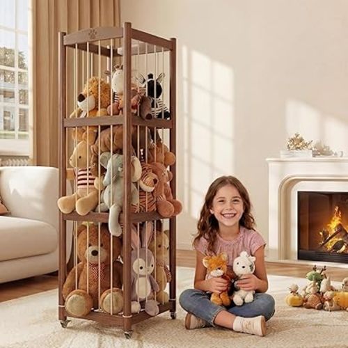 Solid Wood Stuffed Animal Storage Zoo Tower, Stuff Animal Organizer with Brake Wheels, 54In Vertical Stuffed Animal Holder, Ideal for Nursery, Play Room, Bed Room, and Living Room (Walnut)