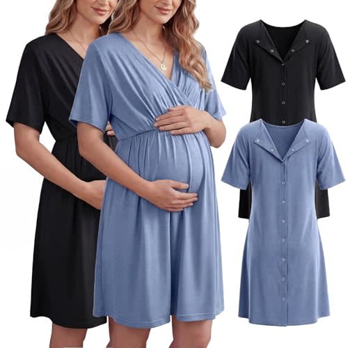 Cutecrop 2 Pack Labor and Delivery Gown for Hospital Maternity Nursing Short Sleeve Gown Button Back Birth Recovery Sleepwear