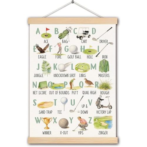 TAZSWDMM Golf Alphabet Nursery Poster Wall Art Framed, ABCs Golf Sports Educational Canvas Prints Wall Decor for Kids Toddler Boys Girls Room Nursery Playroom Classroom, 12x16 Inch