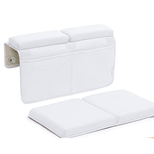 Bath Kneeler and Elbow Rest Pad, Extra Thick Baby Bath Kneeling Pad and Elbow Pad for Bathtub. Bath Tub Elbow Pad with Infant Toy and Baby Accessories Organizer, Off White Color