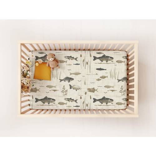 Fly Fishing Nursery Bedding Set, Baby Boy Crib Bedding, Trout and Bass Fish Crib Sheet, Fisherman Baby Swaddle Blanket, Baby Shower Gift