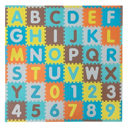 Tadpoles Foam Playmats for Kids, 36 Interlocking Tiles Teach The ABCs and Numbers 0-9, Total Floor Coverage 74” x 74” (36 Sq Ft), for Ages 3 and Up, Colors: Safari Blue/Brown
