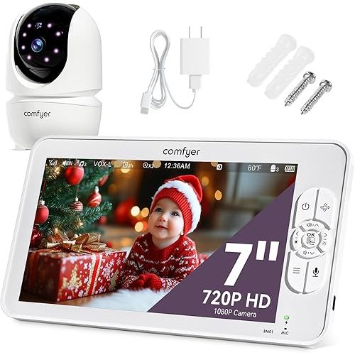 Comfyer Baby Monitor with Camera and Audio, 7" 720P HD Video Baby Monitor No WiFi, 6000mAh Battery, VOX Mode, Auto Night Vision, Hack Proof, Remote PTZ