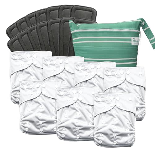 Babies Beginning 7-Pack Reusable Cloth Diapers with AWJ Interior – Includes 14 Absorbent Inserts and 1 Wet Bag – Adjustable, Waterproof, and Washable (Bright Beginnings, Charcoal Inserts)