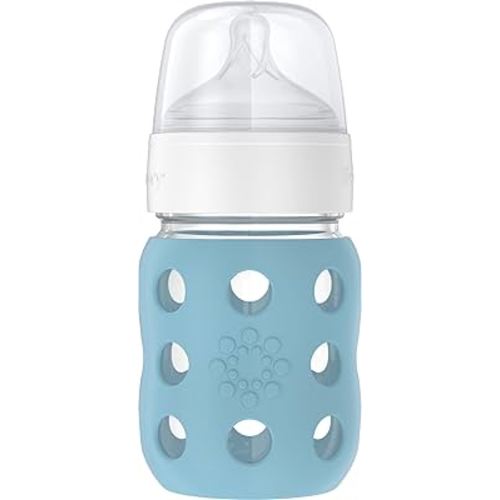 Lifefactory 8-Ounce Wide Neck Glass Baby Bottle with Protective Silicone Sleeve and Stage 2 Nipple, Denim (LG2211WDE4)