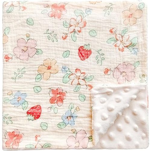 Muslin Baby Blanket Soft Double Layer 100% Muslim Cotton Plush Fluffy Dotted Fleece Back Swaddle Blankets Neutral Receiving Bassinet Bed Nursery Quilt for Babies Toddler Girls Boys 30 x 40 Inches