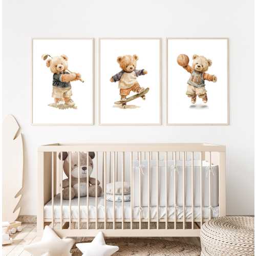 Vintage Bear Sports Wall Art: Baby Boy Nursery Decor - Set of 3 Prints