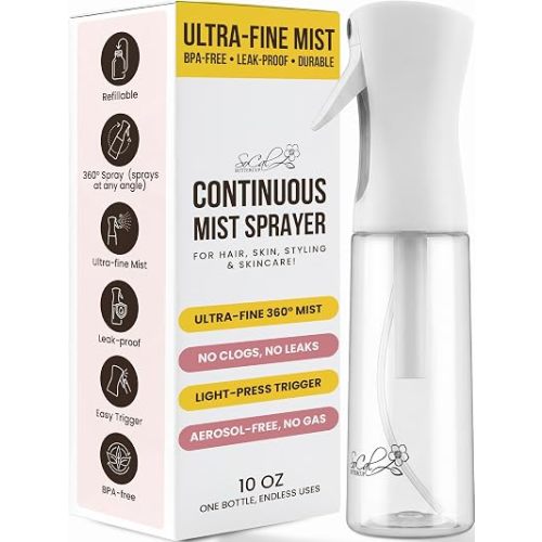 Continuous Spray Bottle for Hair – Slim Design - Fine Mist Water Sprayer for Hairstyling, Curly Hair – Refillable Mister Bottle with 360 Spray – Travel Size Hair Water Bottle