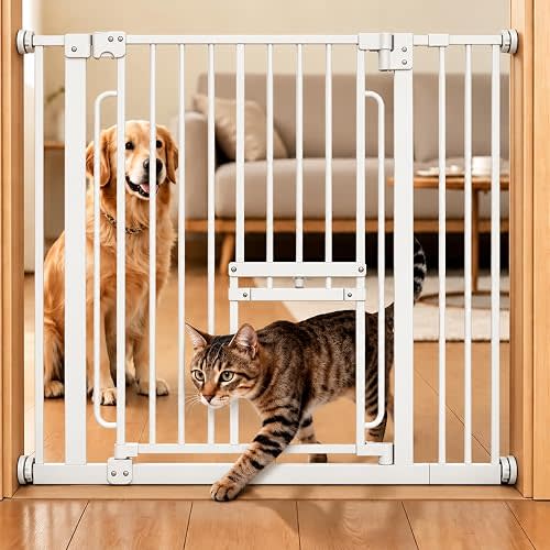 Dog Gate with Adjustable Cat Door, 29.5-37 in Wide, White