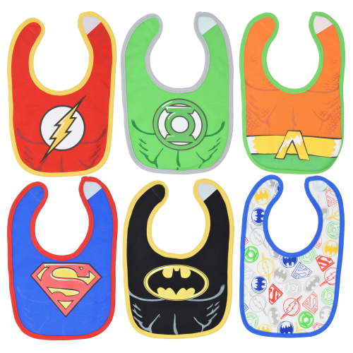 Justice League Baby Boys 6 Pack Bibs Superman Batman Flash Aquaman Green Lantern