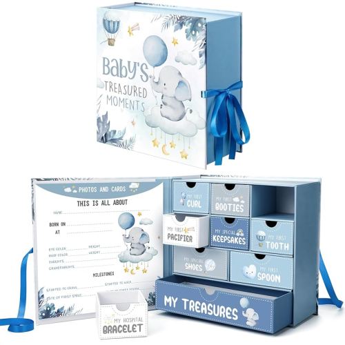 Baby Keepsake Box for Treasured Memories Elephant Newborn Memory Organizer with 9 Labeled Compartments Newborn First Keepsake Book Gender Neutral Baby Shower Gifts for Girls Boys