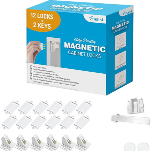 Vmaisi Adhesive Magnetic Cabinet Locks (12 Locks and 2 Keys)