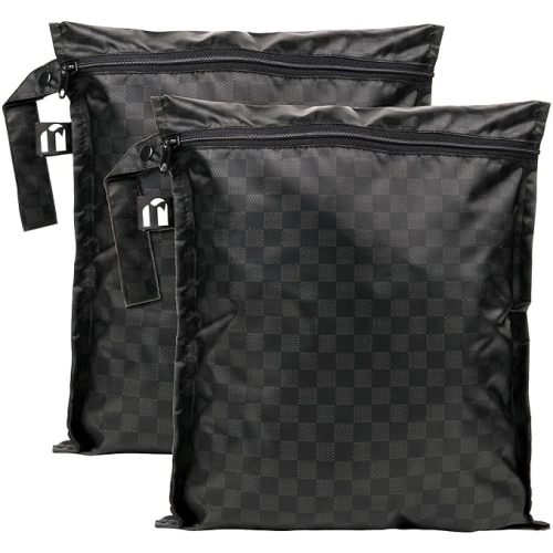 Bumkins Roamio - Waterproof Wet Bag - For Baby, Travel, Swim Suit, Cloth Diapers, Pump Parts, Pool, Gym, Toiletry, Strap to Stroller - Reusable & Easy to Clean - 2pk - Black Check