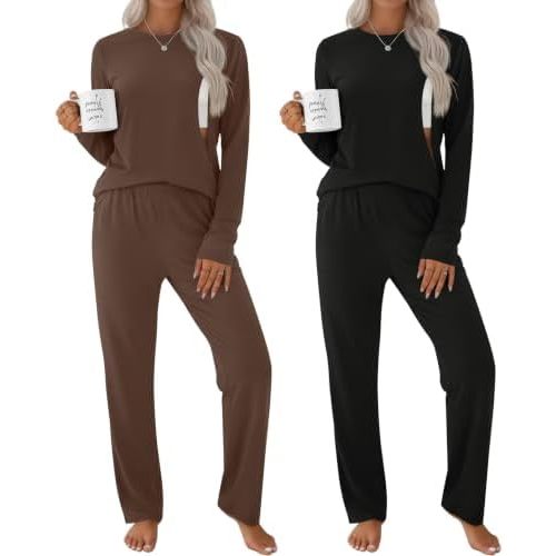 2 Pack Maternity Nursing Pajamas Set Breastfeeding Long Sleeve Postpartum Lounge Sleepwear for Women 2 Top 2 Pant