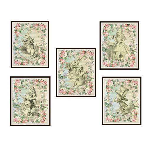 Set of 5 Printed Vintage Nursery Art Image Alice in Wonderland, Baby Shower, Wall Decor Unframed 8 x 10"