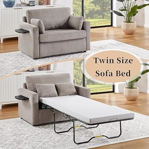 P PURLOVE Sleeper Sofa Bed, 47.2" L 2-in-1 Pull Out Couch Bed with Mattress, a Foldable Side Table, Loveseat Sleeper for Living Room, Apartment (Grey Brown)