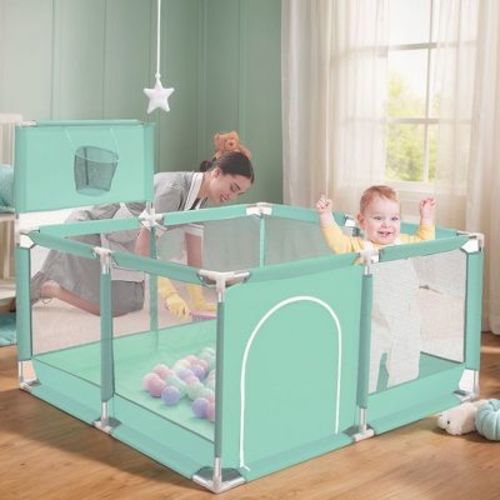 GOTGELIF 50"x50" 4-Panel Baby Playpen Portable Playard with Basketball Hoop Green