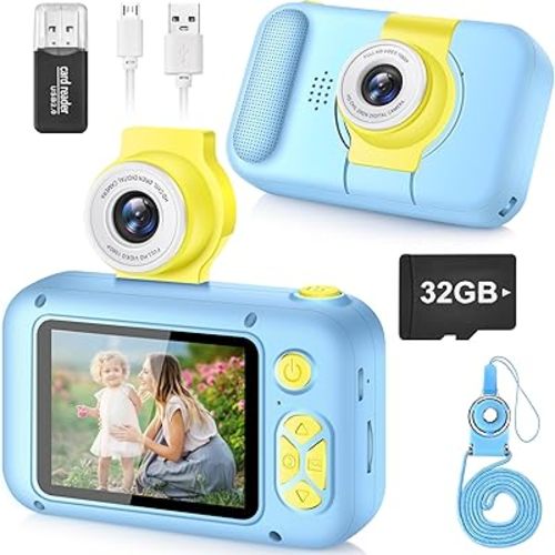 Kids Camera, Toddlers Digital Toy Camera with 180° Flip Lens, 2.4 Inch IPS Screen, 32 GB Card, Birthday Festival Present for 3 4 5 6 7 8 9 10 11 12 Year Old Girls & Boys, X101 (Blue)