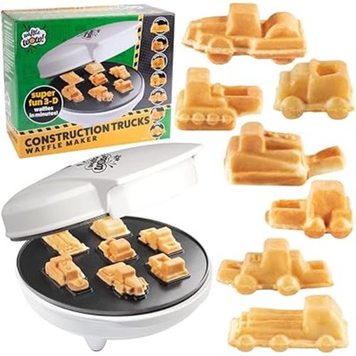 Construction Trucks Mini Waffle Maker - Make 7 Different Vehicle Shaped Pancakes Feat a Bulldozer Forklift & More - Electric Nonstick Pan Cake Car Waffler Iron w Recipe Guide, Kids Fun Breakfast Gift