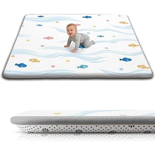Baby Play Mat for Floor, 1.3-Inch Thickened Foam Soft Padded Coral Velvet Playmat for Tummy Time, 50x50 Water-Repellent Non-Slip Playpen Mat for Toddlers Infant Kids, Cute Little Fish Print