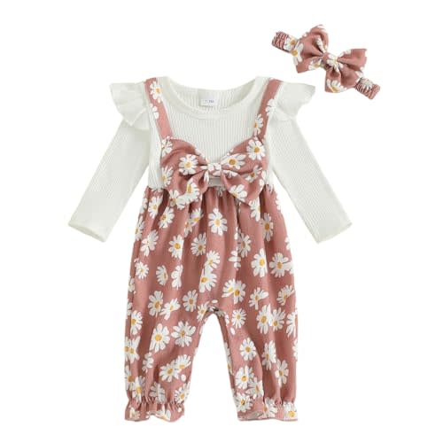 PUHHAPIEY Newborn Baby Girl Fall Clothes Corduroy Floral Bow Onesie Jumpsuits Ruffle Long Sleeve Outfit Infant Cute Romper