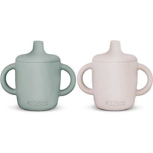 Pack of 2 Silicone Sippy Cups and Training Cups - Sippy Cups for 6 Month Old 5oz/150ml - Sippy Cups for Toddlers 1-3 - Unbreakable Easy Grip Toddler Cups (Sandy Shore and Green)