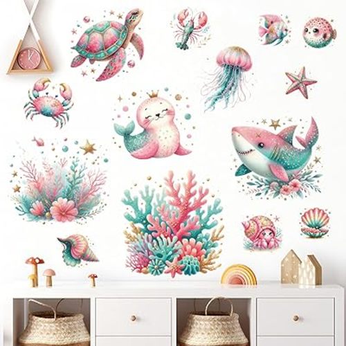 Buiory Under The Sea Wall Stickers Pink Ocean Fish Turtle Shark Wall Decals Cartoon Removable Underwater Sea Wall Stickers for Kids Nursery Bedroom Living Room Watercolor Ocean Creatures Decor